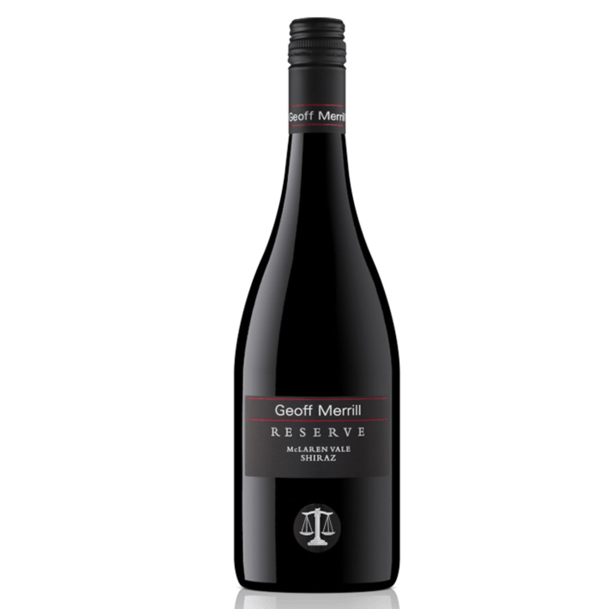 A bottle of Geoff Merrill Reserve Shiraz wine with a dark label and red text.