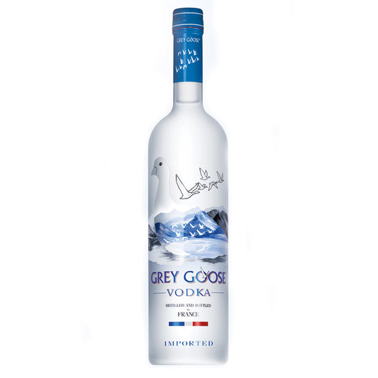 A bottle of Grey Goose Vodka with a blue label, featuring a silhouette of a goose and a mountain range. The text indicates it is a product of France.