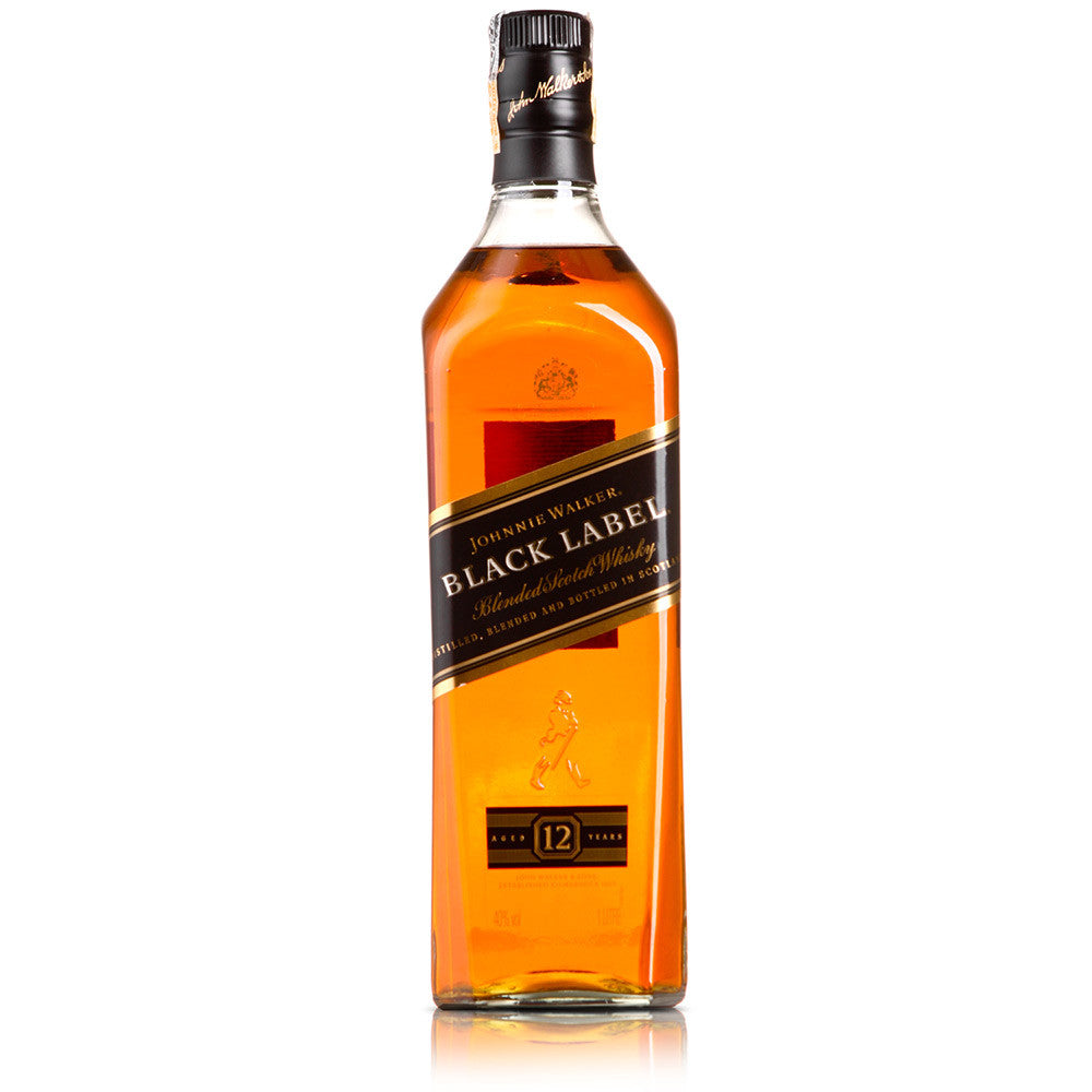 A bottle of Johnnie Walker Black Label Scotch Whiskey with a label that includes the brand name and the age statement '12 years old'.