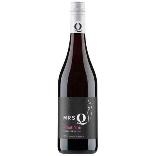 Bottle of Mrs Q Adelaide Hills Pinot Noir wine with a dark label and pink text.
